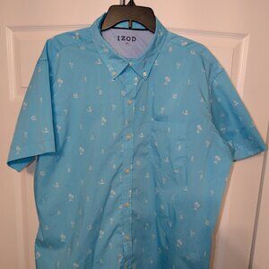 Izod Caribbean Blue Oxford Hawaiian Shirt - XXL - Palm Trees & Drinks